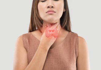 Women thyroid gland control. Sore throat of a people on gray background